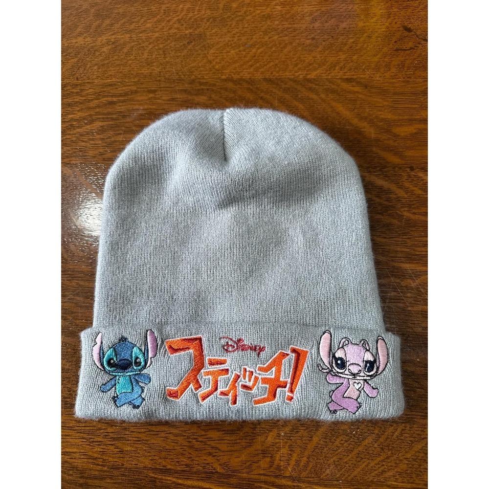 Disney Stitch Hat Beanie Womens One Size Gray Angel Embroidered Knit Graphic